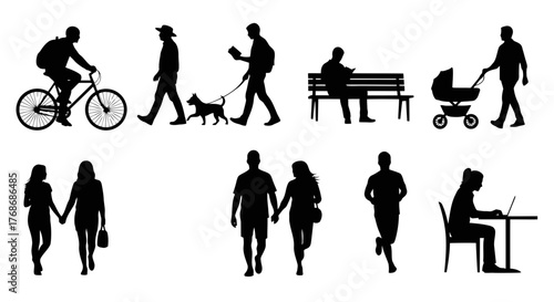 Diverse people silhouettes engaged in activities isolated on white background silhouette