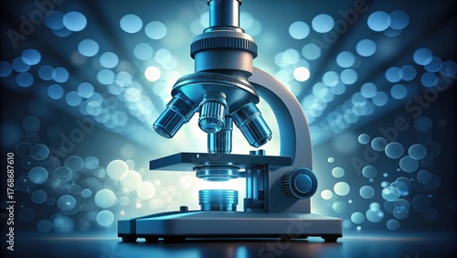 Microscope illuminated with bright blue light showcasing scientific research and laboratory exploration