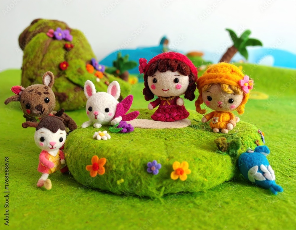 Fototapeta premium Felt characters whimsical forest scene