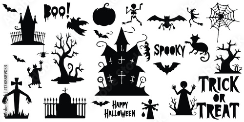 Cuadro en lienzo Haunted house silhouette with witch bats and howling wolf halloween