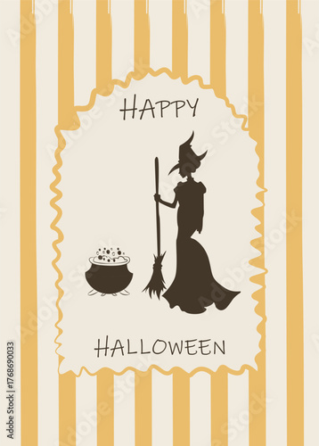 Silhouette of a witch with a cauldron and a broom with Happy Halloween. Drawing on the theme of Halloween in doodle style. Vector illustration
