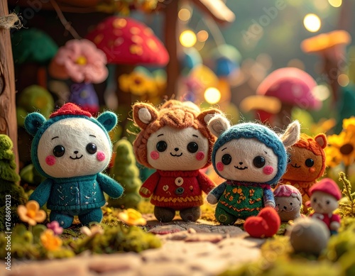 Cute plush toys in forest scene