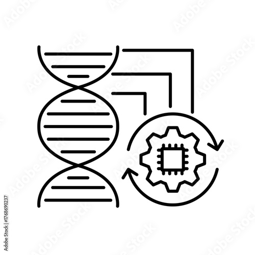 Vector icon of Genetic Algorithm. DNA strand and circuit design, symbolizing computational biology and the use of algorithms in genetic research.