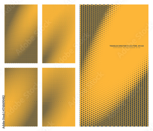 Assorted vector triangles grid black yellow halftone pattern set in vertical 9:16 aspect ratio including angular elliptical frame and various smooth textures. Different retro half tone design elements