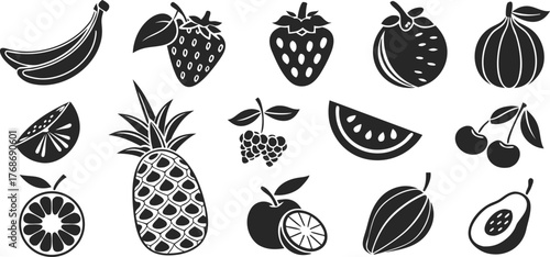 Black and white fruit icon set featuring tropical and summer fruits including pineapple, banana, strawberry, orange, and watermelon in minimalist vector silhouette style.