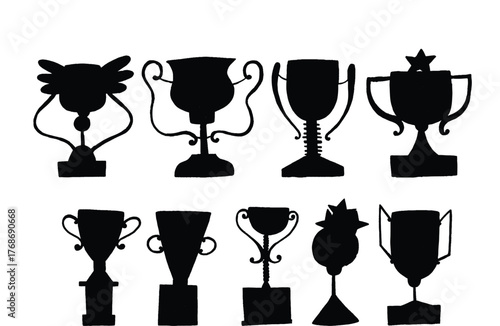 Gold trophy. Winners golden cups, awards ceremony.