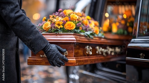 Pallbearer carries a floral-adorned casket into a vehicle.