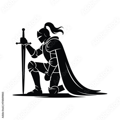 Silhouette of a knight in armor kneeling with sword