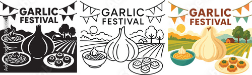 Garlic Festival Vector Set with Line Art, Silhouette, and Color Illustrations