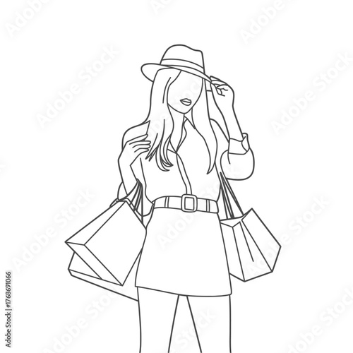 Fashionable woman in hat and skirt holding shopping bags line art