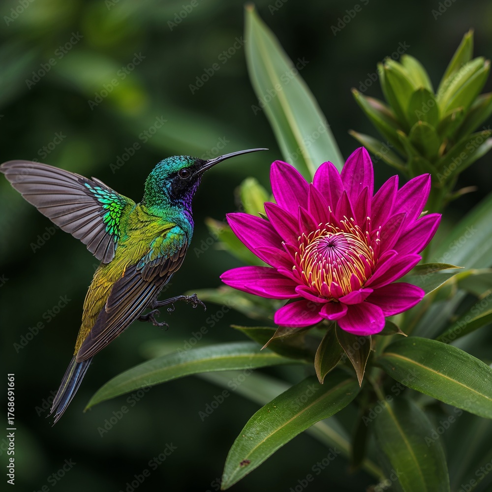 Fototapeta premium Iridescent hummingbird hovers near vibrant pink flower in lush greenery