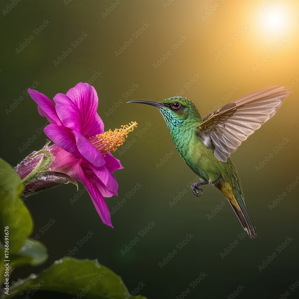 Fototapeta premium Iridescent green hummingbird hovering near a vibrant pink flower in soft sunlight