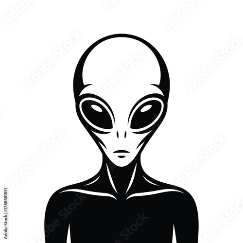 Stylized black and white portrait of a classic grey alien