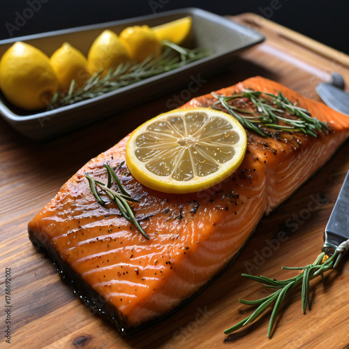 Fresh Grilled Salmon with Lemon Slice and Rosemary on Wooden Board