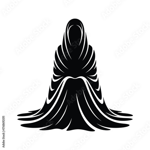 Mysterious hooded figure in flowing black robes against white background