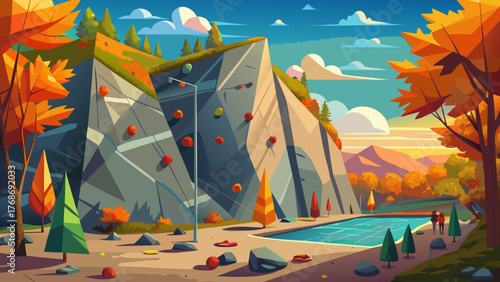 Very beautiful rock climbing wall at Alapocas Run State Park in Wilmington, Delaware, USA, surrounded by colorful fall foliage, golden leaves, and natural stone cliffs under clear skies.