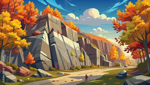 Very beautiful rock climbing wall at Alapocas Run State Park in Wilmington, Delaware, USA, surrounded by colorful fall foliage, golden leaves, and natural stone cliffs under clear skies.