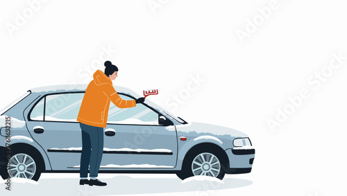 Car windshield scraping with young woman in orange jacket cleaning snow from sedan, winter weather concept