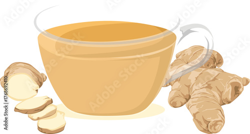 Illustration of a steaming cup of ginger tea with fresh ginger root and slices beside it.