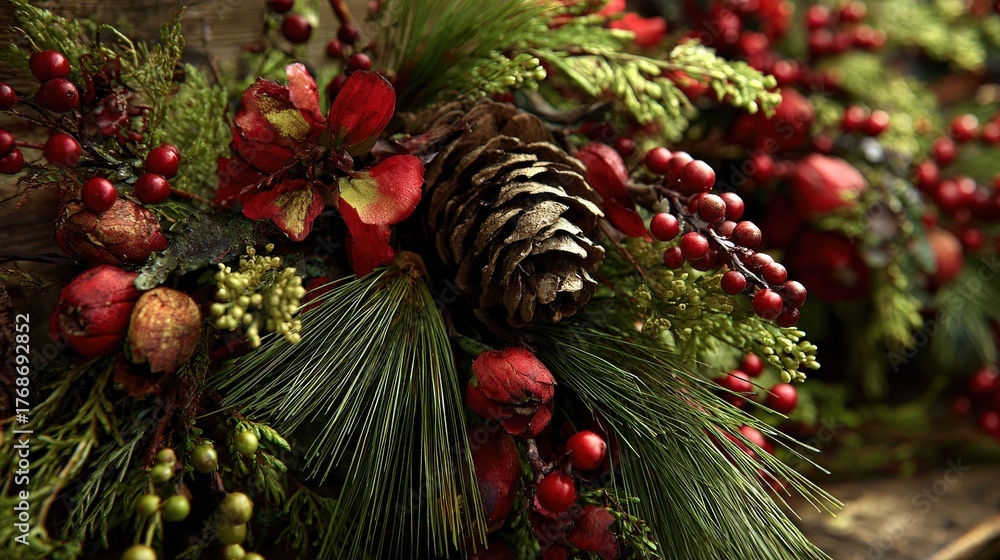 Fototapeta premium Festive evergreen boughs, pine cones, and berries create a natural holiday decoration.
