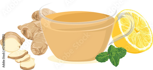 Illustration of a steaming cup of ginger tea with lemon and mint.