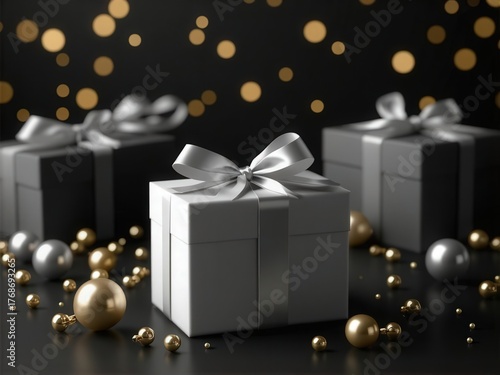 Elegant silver gift boxes with ribbons, surrounded by gold and silver ornaments on a black surface, with warm bokeh lights in the background.