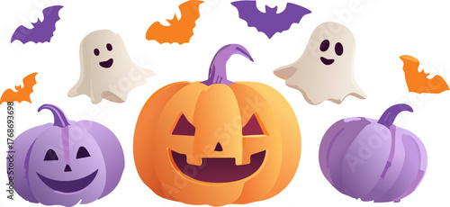 Halloween 3D vector in clay render style featuring smiling pumpkins ghosts bats pastel orange purple smooth shadows modern aesthetic Illustrator generative ai