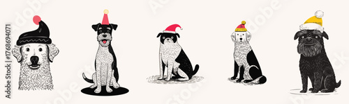 Playful hand drawn dogs in Santa hats perfect for Christmas cards, festive posters and holiday decor