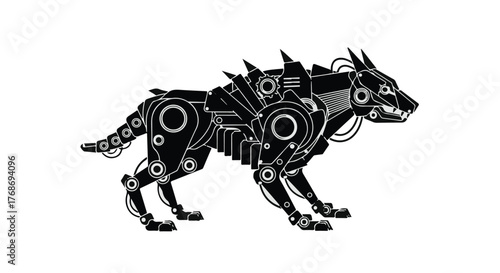 Intricate black robotic wolf with mechanical gears and wires against a white background