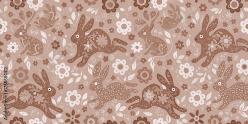Whimsical brown bunny rabbit and flower pattern seamless repeating background