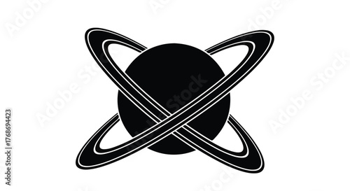 Abstract celestial symbol with intersecting rings around a dark sphere on white background