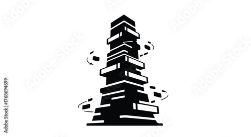 Towering stack of books symbolizing knowledge and education, with pages scattering outwards.