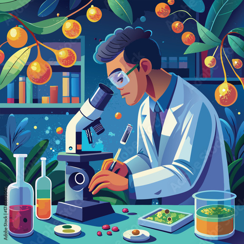 Scientist examines samples under a microscope in lab setting art