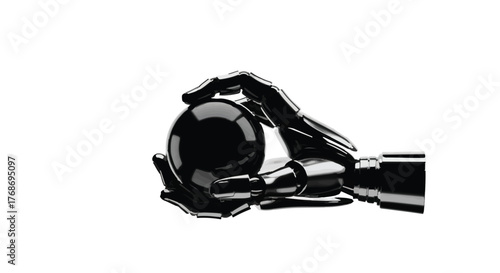 Futuristic robotic hand carefully holding a glossy black sphere