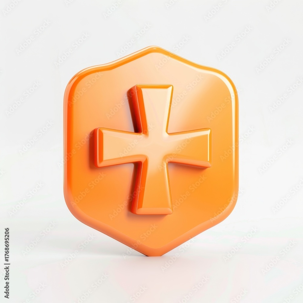 Fototapeta premium Minimal 3D render of orange shield with medical cross isolated on solid white background, clean and modern concept for healthcare, emergency, or protective icon use