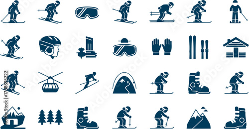 Collection of winter sports icons depicting skiing snowboarding and outdoor activities silhouette