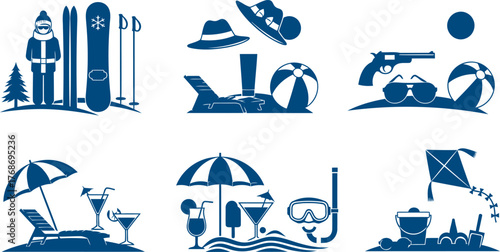 Collection of summer vacation beach holiday and sports themed icons and graphics silhouette