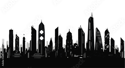 Modern city skyline silhouette against a bright sky, showcasing a futuristic urban landscape.