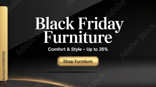 Black & Gold 3D Black Friday Furniture Banner — Luxury Modern Hero Header with 