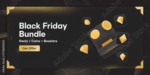 Black Friday Game Bundle Hero Web Banner - Dark Luxury Gold Gems & Coins, 3D Boosters