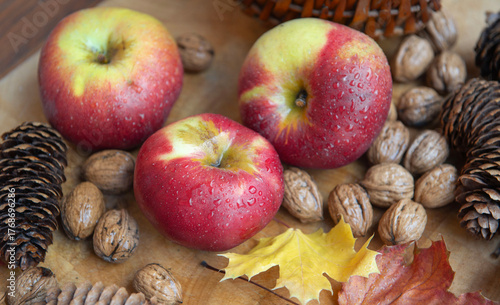 still life with bright red apples covered by drops, walnuts and pine cones wi...
