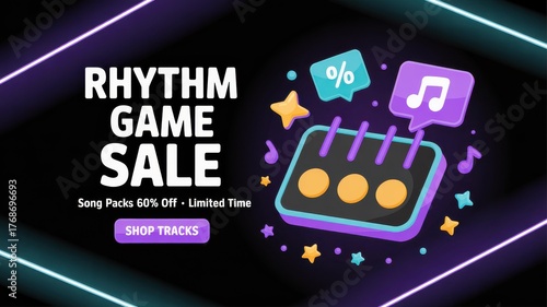 3D Neon Vector Rhythm Game Sale Banner — Purple & Cyan Controller Icon, Song-Pack Promo