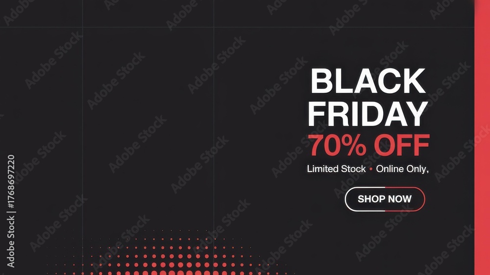 Fototapeta premium Black Friday 70% OFF banner — modern minimalist red & black e‑commerce hero (online‑only, limited stock, Shop Now CTA)