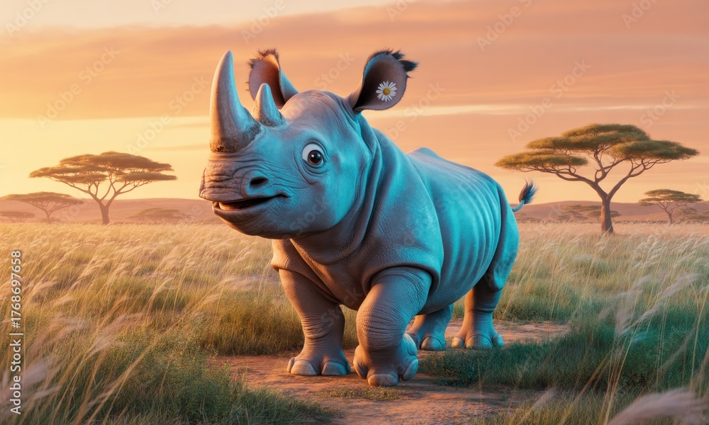 Fototapeta premium Cute rhino in a savanna sunset