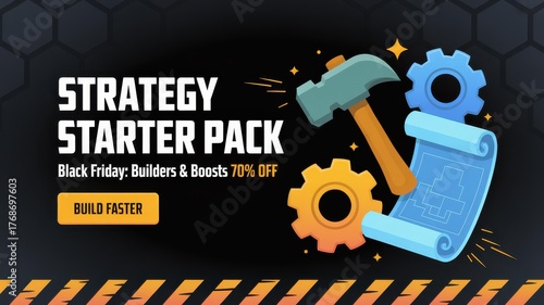 Black Friday Mobile/PC Game Promo Banner - Strategy Starter Pack 70% Off, In-App Purchase Ad, 3D Flat Vector