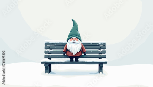 Frozen gnome statue sitting on snow-covered bench in winter park, wearing green hat and red coat against minimal background. Concept of solitude and frozen charm