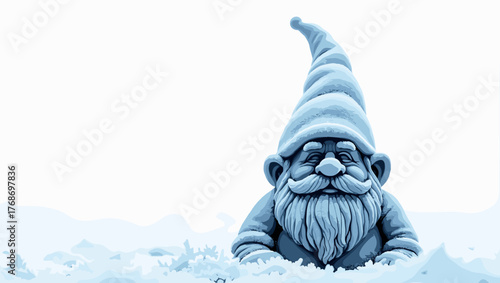 Frozen gnome statue lying relaxed in snow with closed eyes, soft light and frosty texture around. Concept of winter calmness and fairytale dream