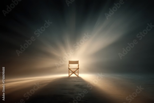 Director's chair dramatically lit by radiating beams in a dark, empty stage setting.