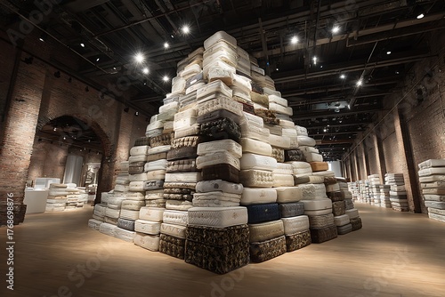 A towering pile of mattresses stacked high, either for storage or as part of an industrial or creative display.