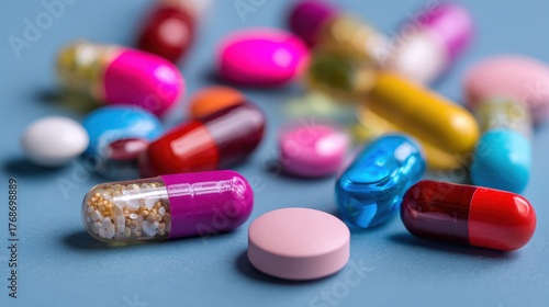 Colorful assortment of various pharmaceutical pills and capsules scattered on a blue surface.